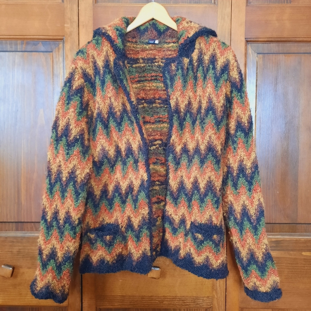 Tabask Alpaca Wool Blend Chevron Knit Fuzzy Sweater Blazer Made In Peru Size L
